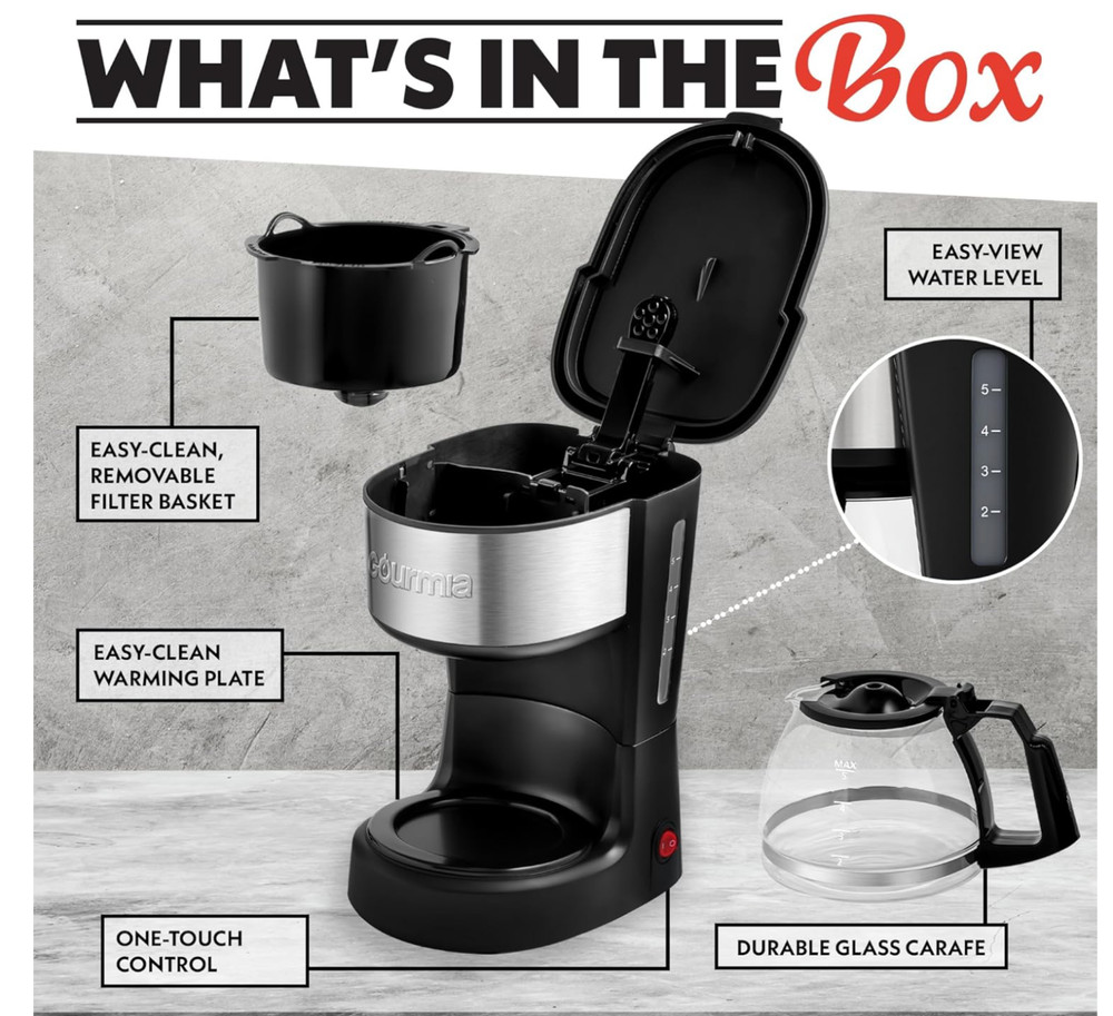 Gourmia 5 Cup Coffee Maker, Pause & Serve, Keep Warm, One-Touch Brew