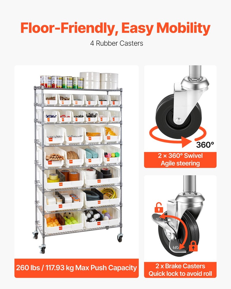 VEVOR Rolling Bin Storage Rack 8-Tier Bin Rack Storage System with 26 Bins