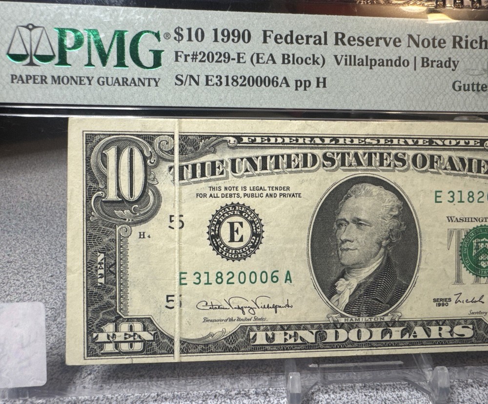 1990 $10 FRN ( RICHMOND “E”) ERROR ♚♚LARGE GUTTER FOLD♚♚ PMG 40