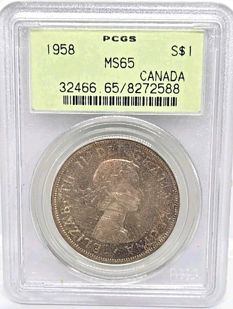 1958 CANADA SILVER DOLLAR PCGS MS65 OGH