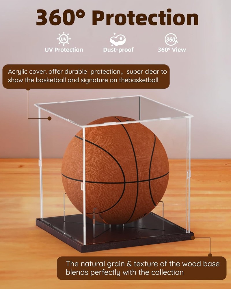 Basketball Display Case Acrylic Clear, UV Protected Stand Walnut
