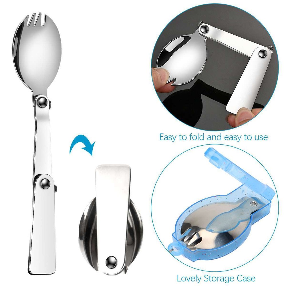 Foldable Fork Spoon Spork Set +Box Stainless Steel Portable Folding Camping Flat