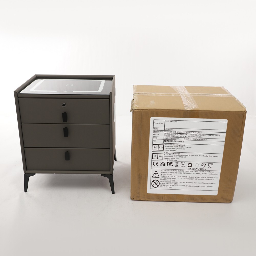 Smart Bedside Table + Three-color Light+Drawers+Usb&wireless Charging Dark Grey