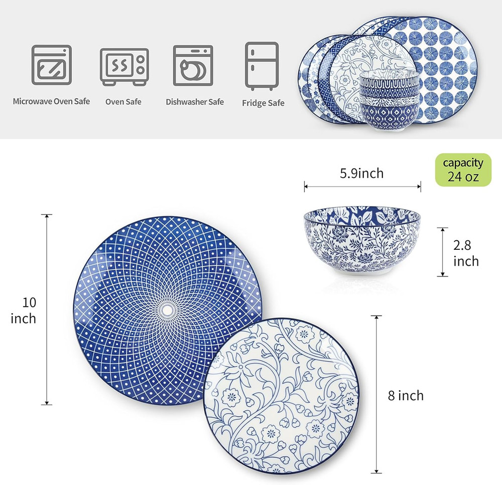 Ceramic Dinnerware Sets, 12-Pieces Plates and Bowls Sets, Scratch Resistant Dish