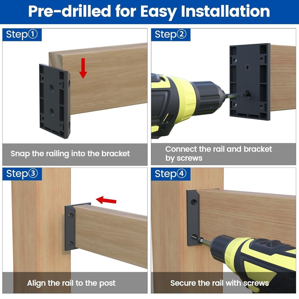 Sturdy 12Pc Bracket Kit for 2x4 Deck Railings - Includes 76 Screws & Driver Bit