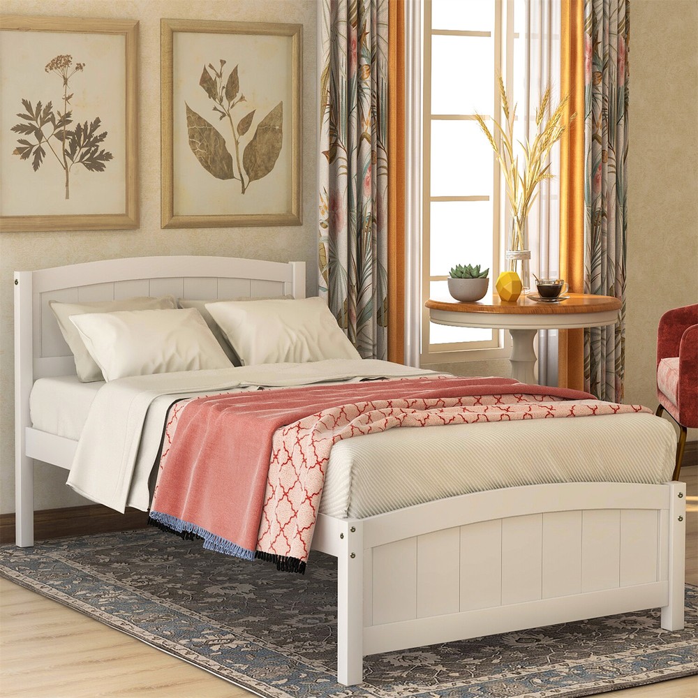 Twin Size Bed Frame Wood Platform Bed Frame w/ Headboard White/Gray/Espresso