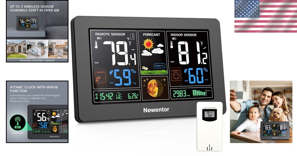 Modern Wireless Weather Station, Color Display, Atomic Clock