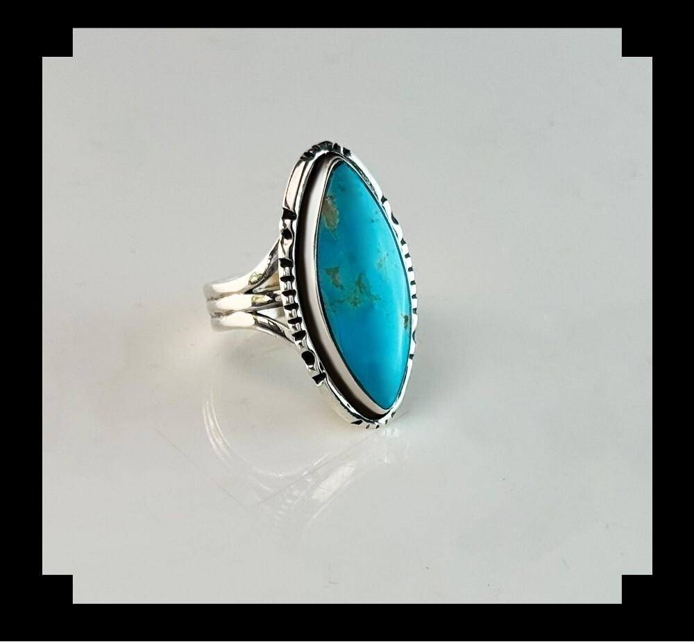 Handcrafted Sterling and # 8 Turquoise Ring Size 9 1/4