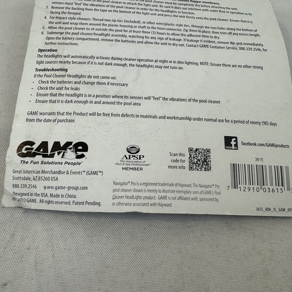 Pool cleaner Headlight Automatic New By Game 3615 FAST SHIP