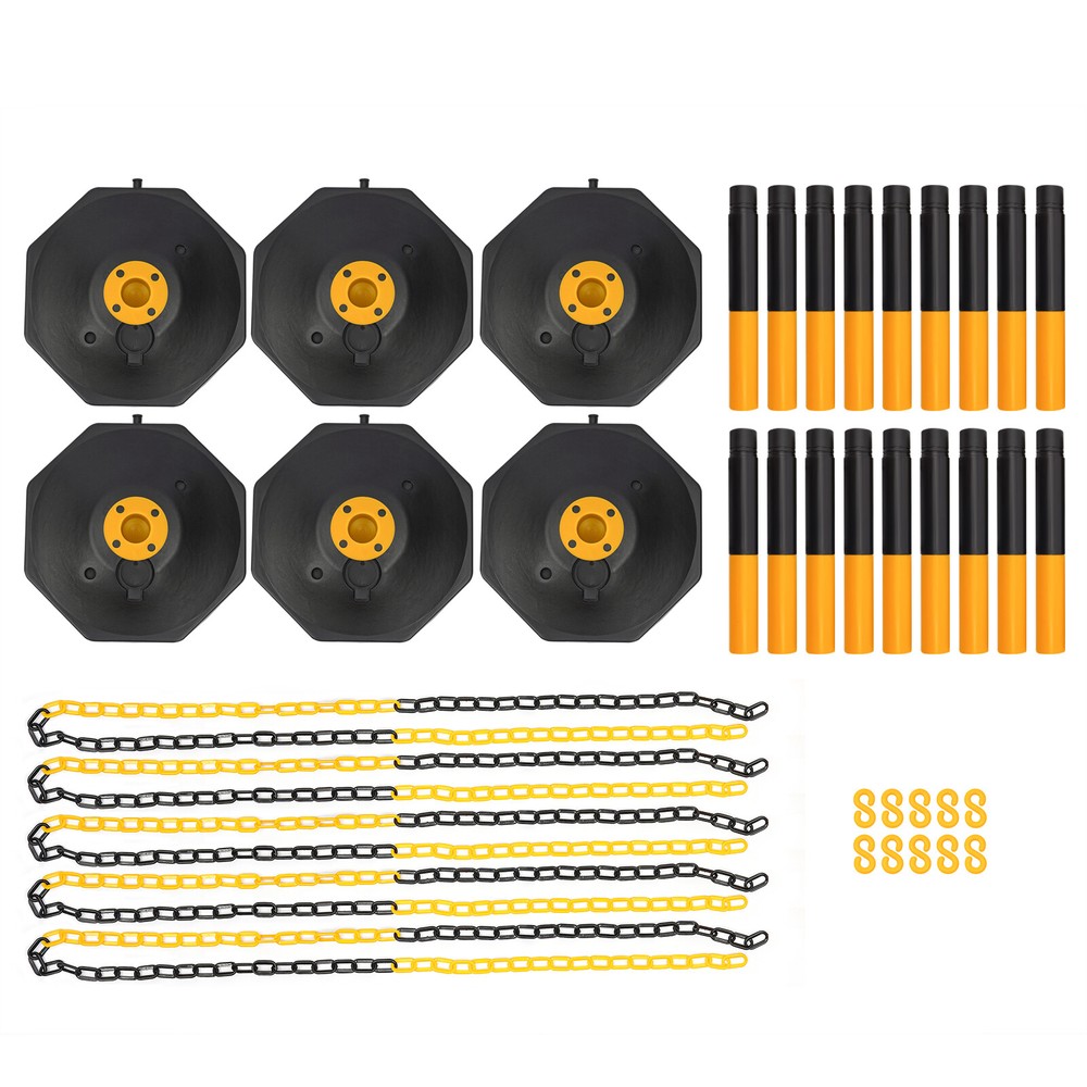 6 Pack Yellow & Black Safety Bollards with Adjustable Chains for Parking Control