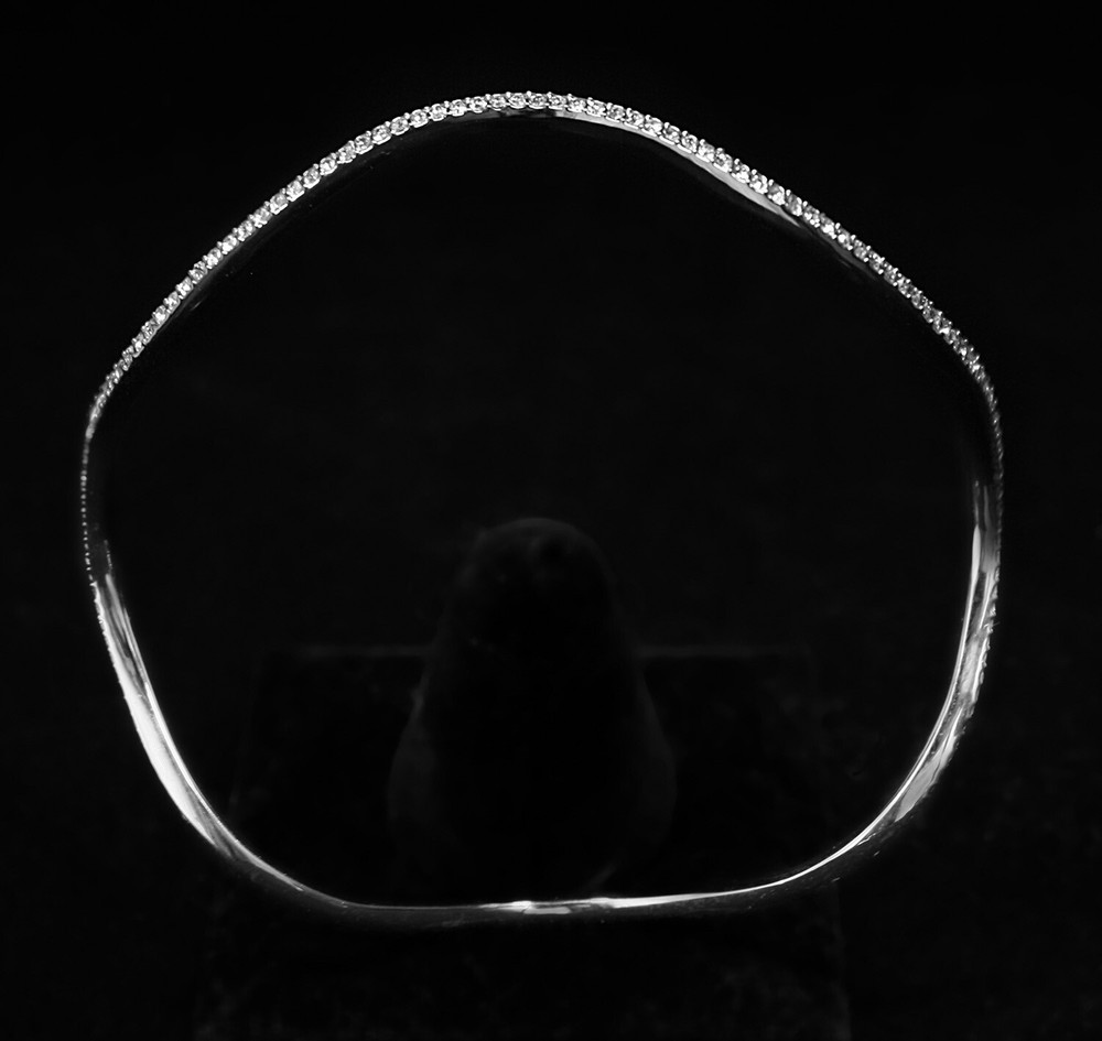 SIGNED Swarovski Crystal Thin Silver Wavy Bangle Bracelet w White Crystals