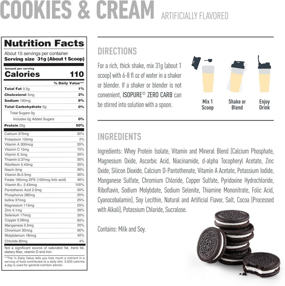 Isopure Zero Carb 100% Whey Protein Isolate Powder, Cookies & Cream, 25g Protein