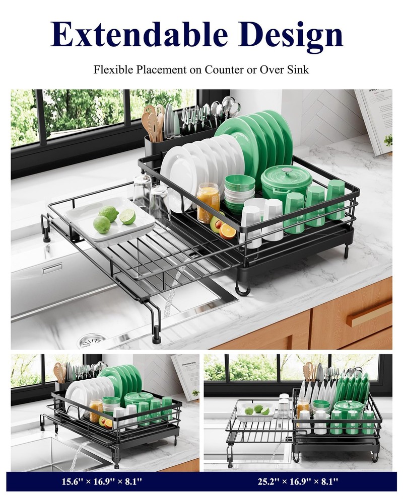 Extendable Dish Drying Rack Rust Resistant Adjustable Legs Cutlery Black