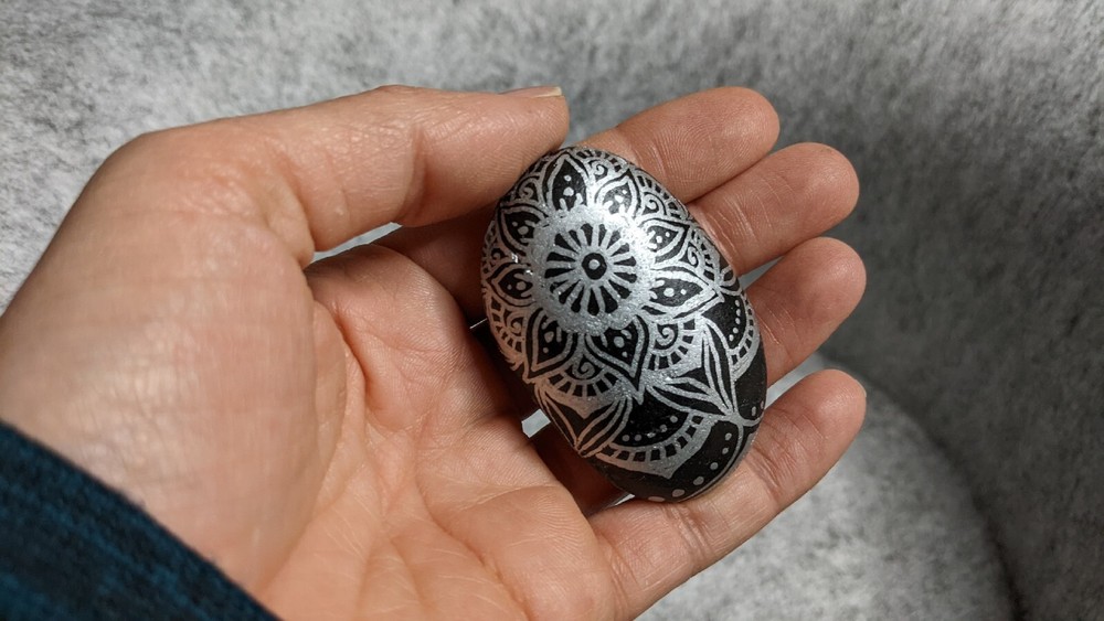 Hand Painted Rock / Stone - mandala silver black gray line design