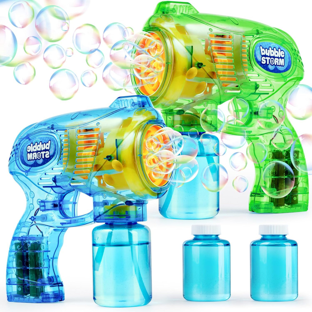 2 Bubble Guns Blaster Kit with 2 Bubble Solution for Kids, Automatic Bubble Make