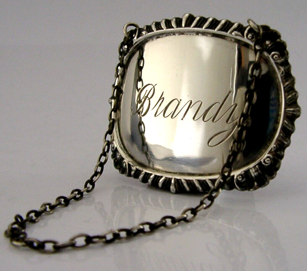 LARGE 16g SOLID STERLING SILVER BRANDY BOTTLE DECANTER LABEL 1970 BARWARE