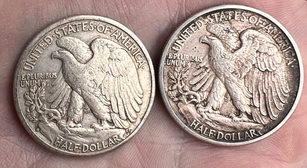 Two 1943 Walking Liberty Silver Half Dollars