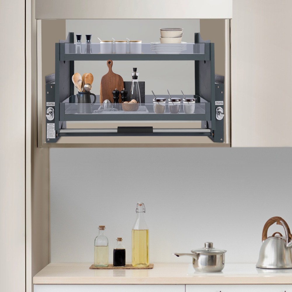 30 inch Pull Down Cabinet Shelf Organizer 2-Tier Tempered Glass Kitchen Storage