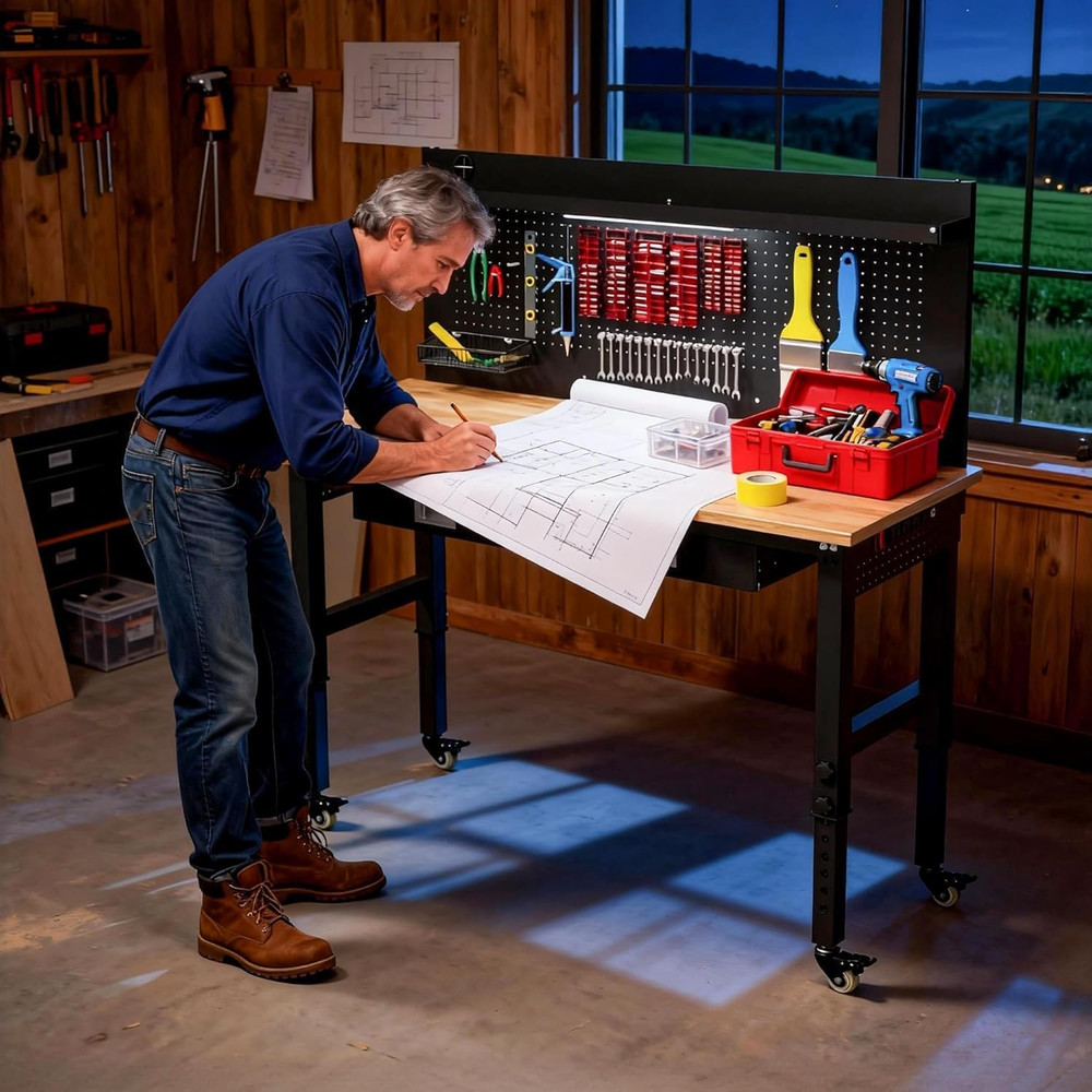 Betterhood 60" Heavy Duty Adjustable Workbench with Large Pegboard & LED Light,