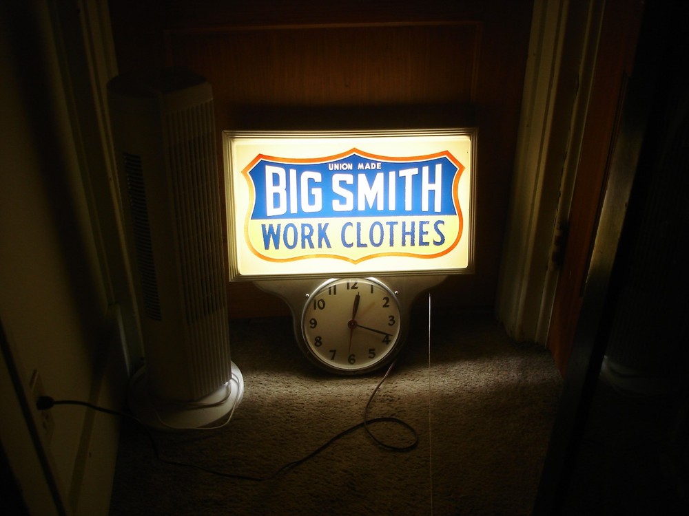Vintage Big Smith Work Clothes Lighted Advertising Wall Clock Sign Clock Works