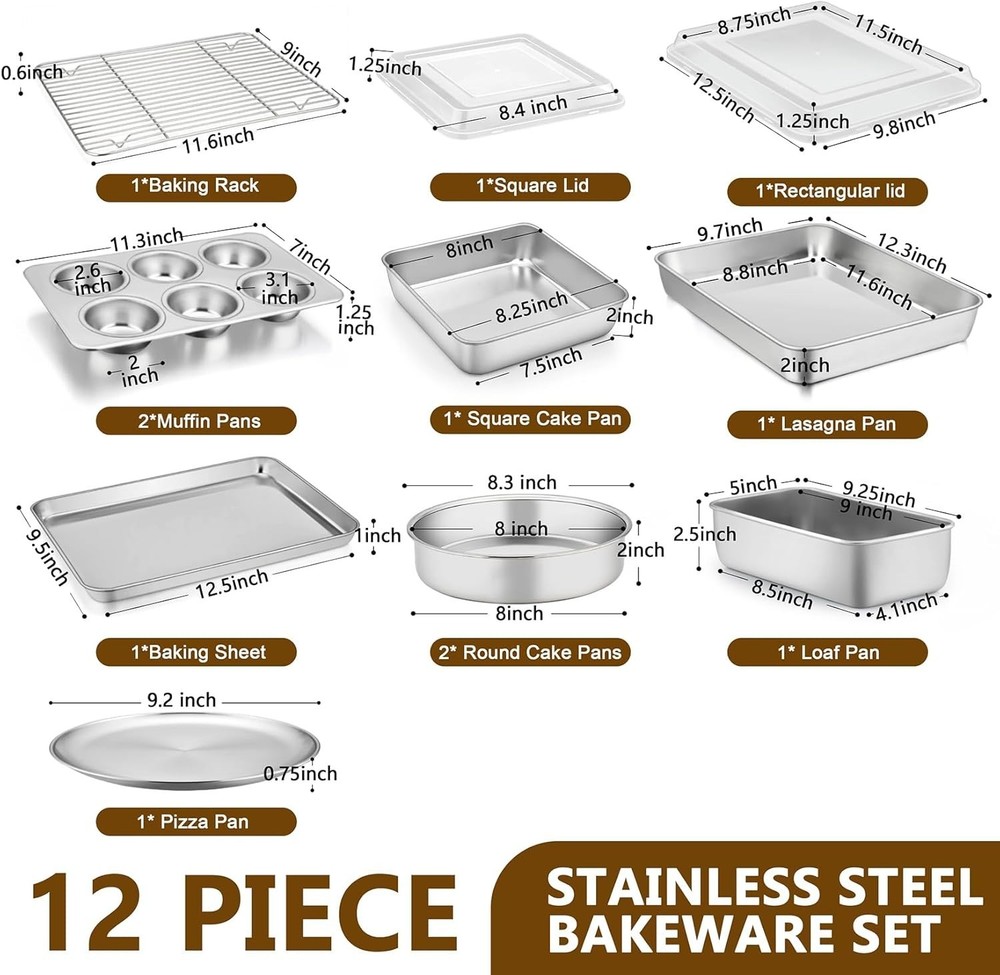 12-Piece Stainless Steel Bakeware Set - Baking Sheets & Pans Kit