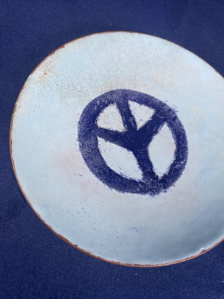 Blue Enamel Over Copper Peace Sign Dish Signed