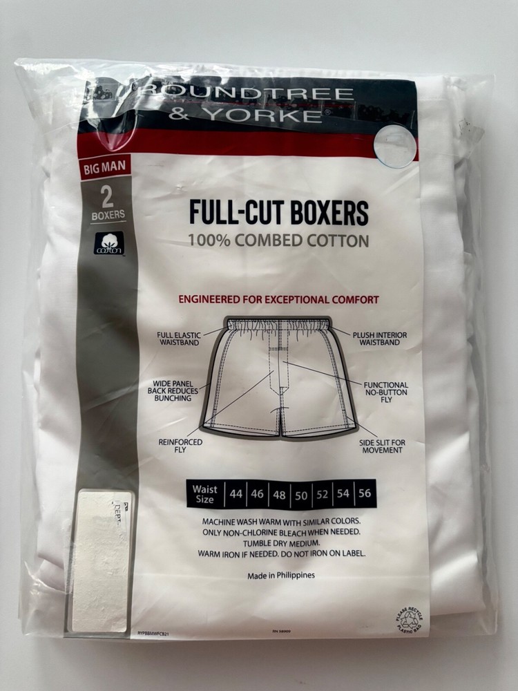 Roundtree & Yorke 2 Pack Solid White Combed Cotton Underwear Full Cut Boxers