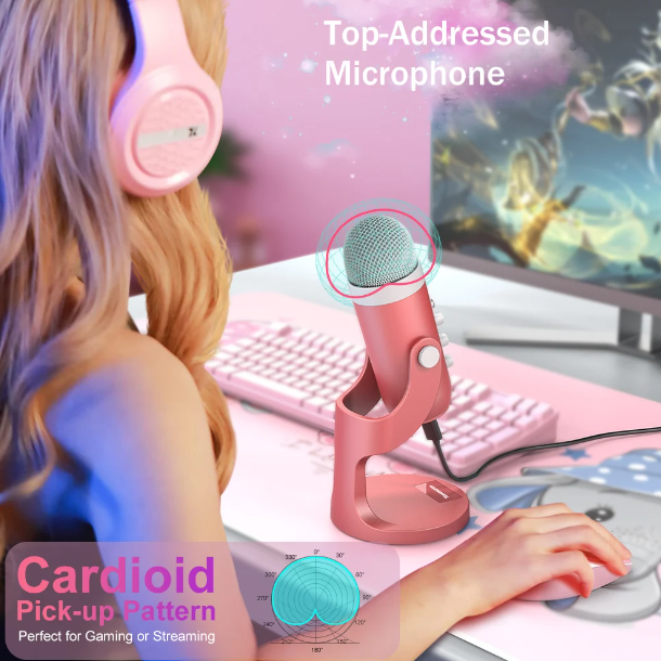 Gaming USB Pink Microphone with Quick Mute for Phone Computer PC PS5, Studio