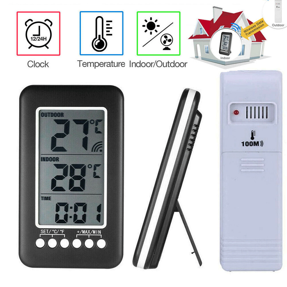 Digital Thermometer Clock Indoor/Outdoor Wireless Temperature Meter Transmitter