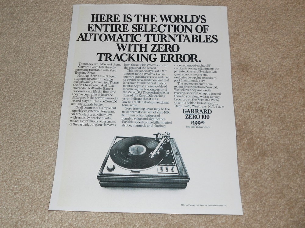 Garrard ZERO 100 Turntable Ad, 1973, Article, Info
