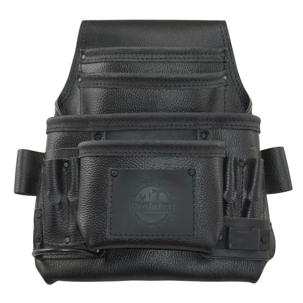 10-Pocket Black Rugged Top Grain Leather Tool Pouch