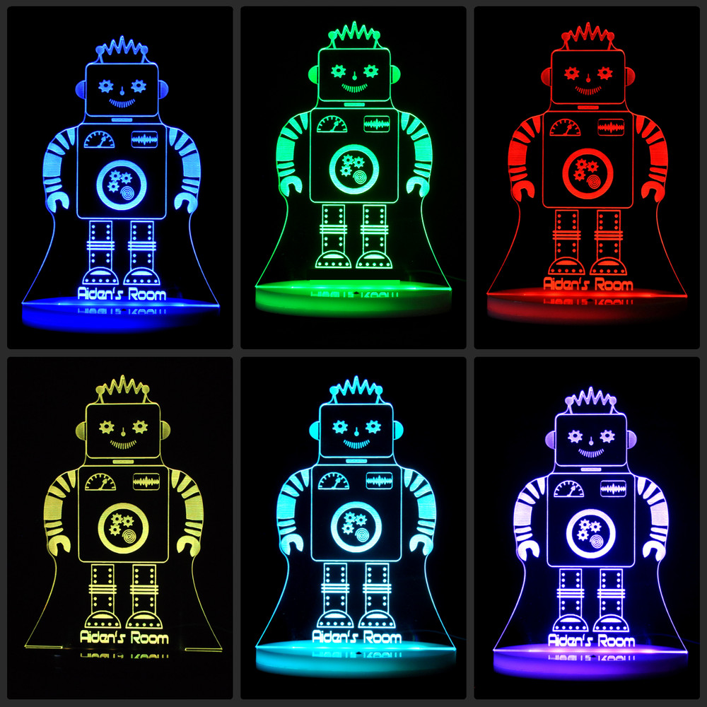ROBOT PERSONALISED NAME 3D LED Night Light Battery USB Colour Changing Room Lamp