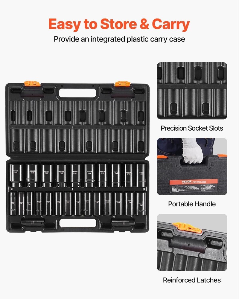 Efficient 1/2 Inch Impact Socket Set with 26 Deep Sockets - Polished Alloy Steel