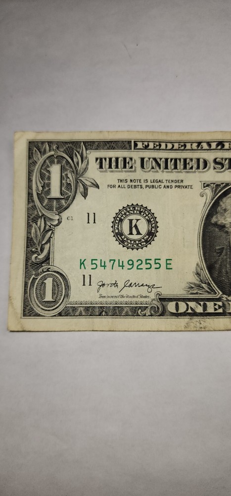 one dollar bill Serial Number K 54749255 E Error
