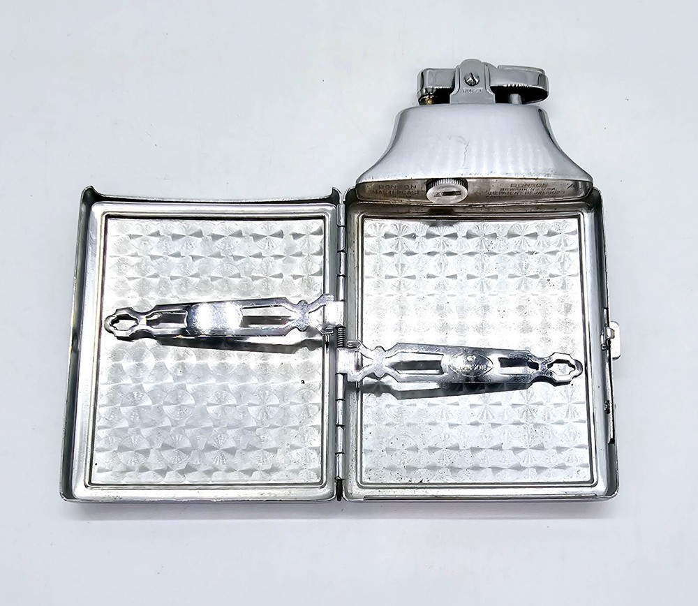 Ronson Cigarette Lighter & Case Combo w Pouch Art Deco Chrome Plated Mastercase