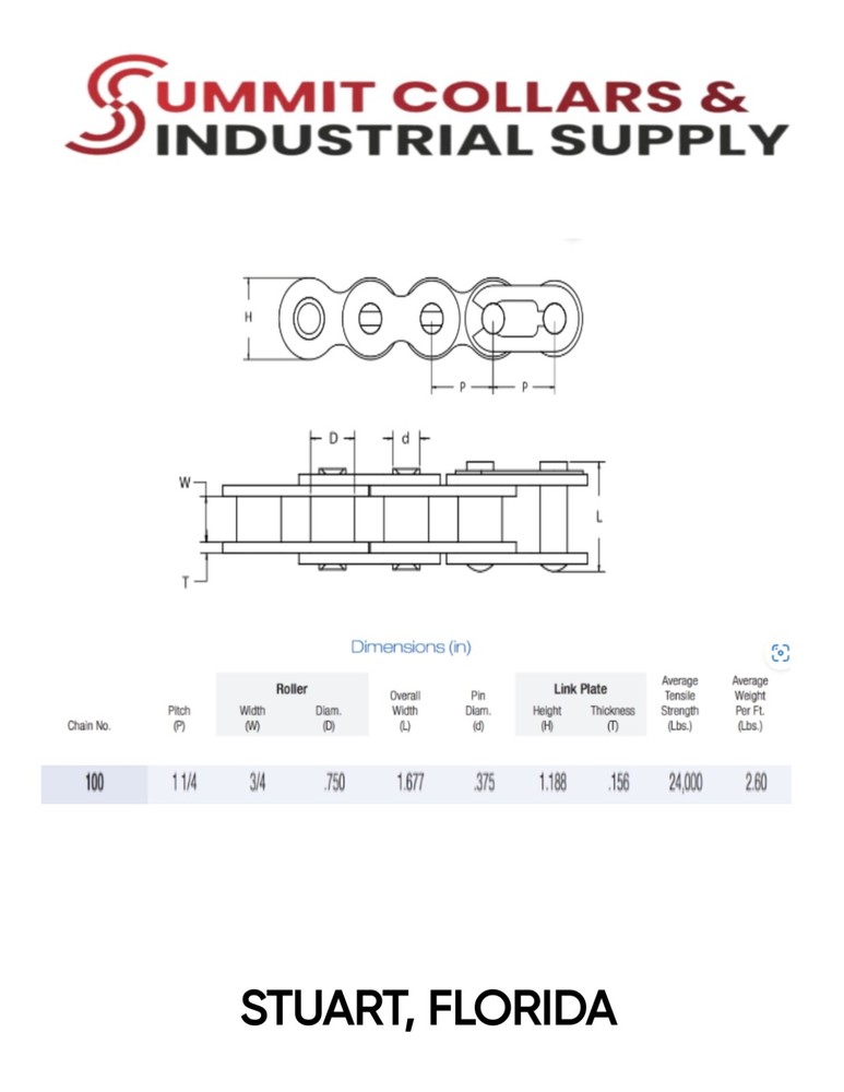 #100 Roller Chain x 10 feet + 2 Connecting Links, Great Quality!
