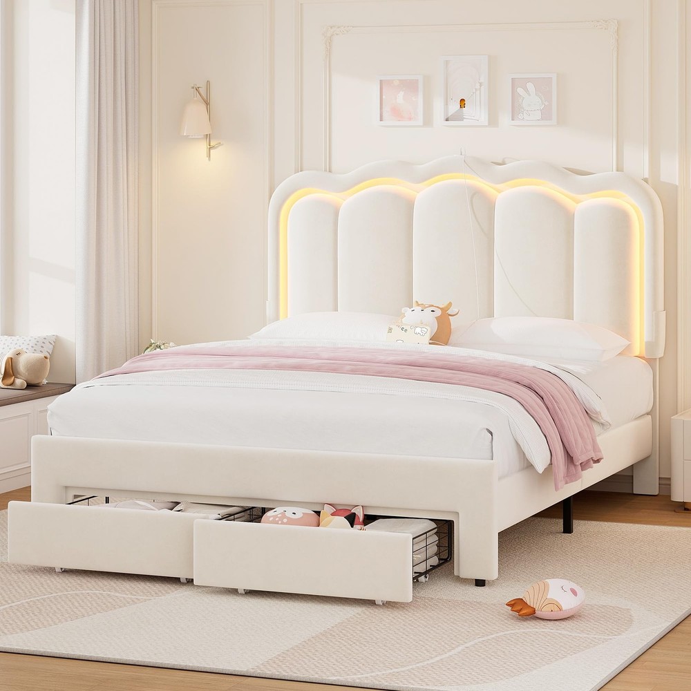 Full Upholstered LED Bed Frame with 2 Storage Drawers and Adjustable Chic Dou...