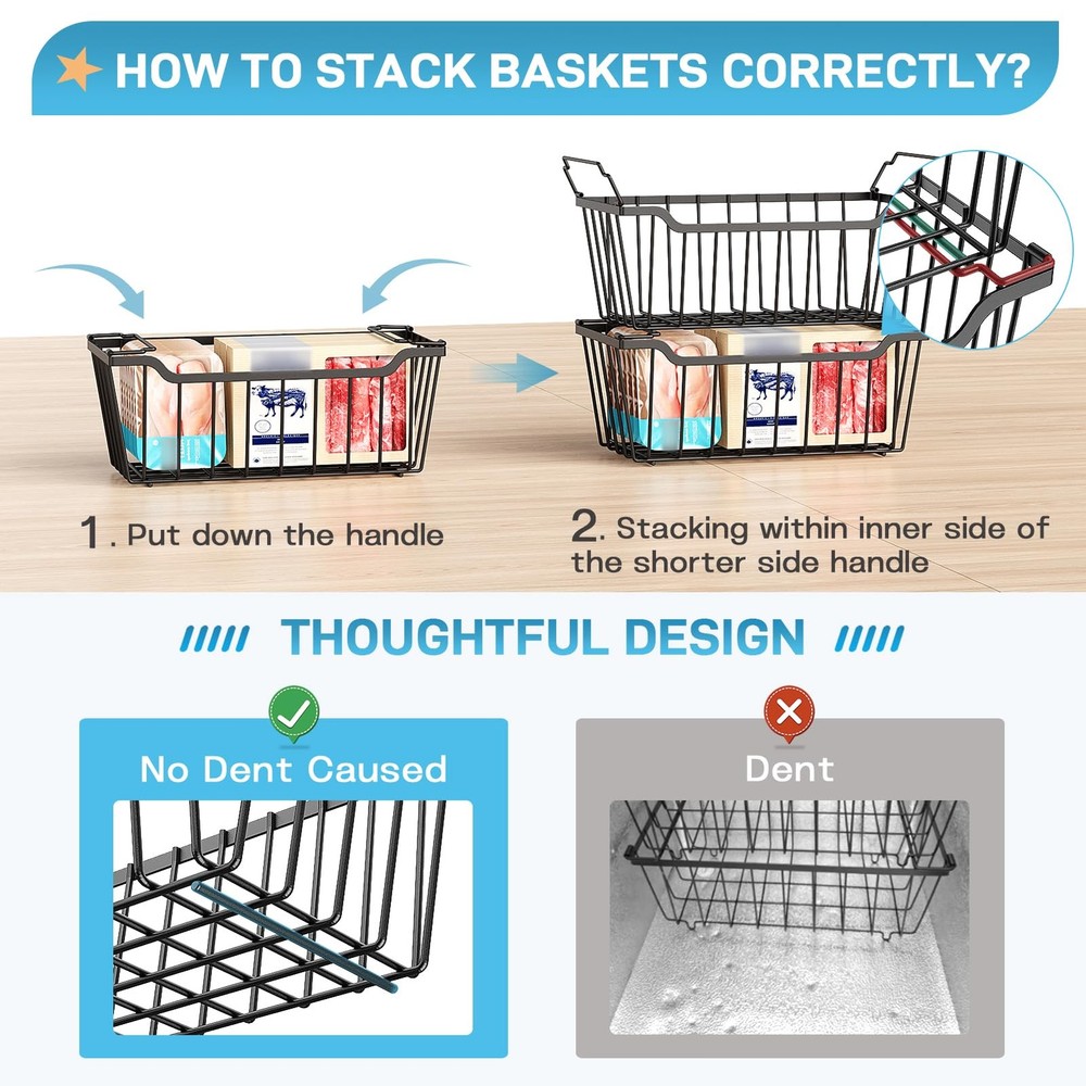 Freezer Organizer with Handles, 4 Pack Stackable Storage Bins, Black