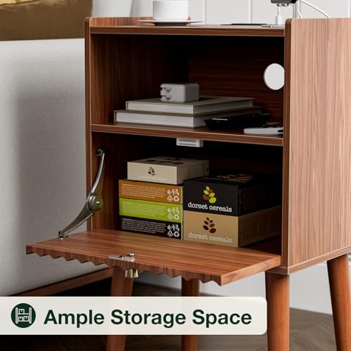 Side Table with Charging Station, Modern End Table with Fluted Drawer, Brown