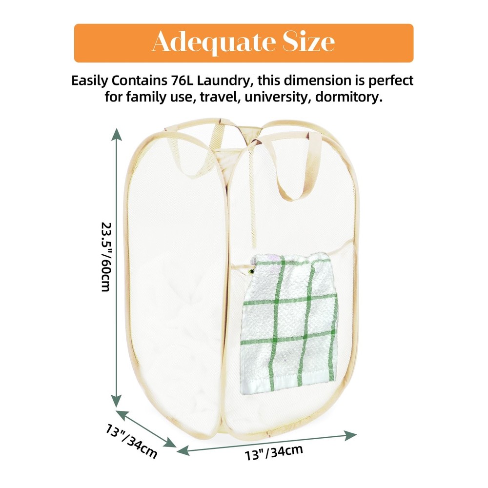 Pop Up Laundry Hamper Reinforced Mesh Collapsible Basket Beige Pocket Handle