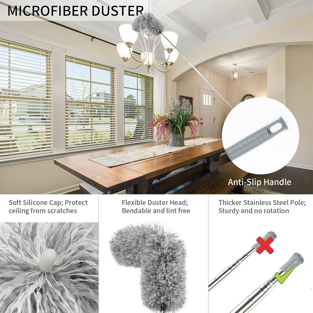 Microfiber Duster with Extension Pole 8Ft Long Handle Bendable Washable