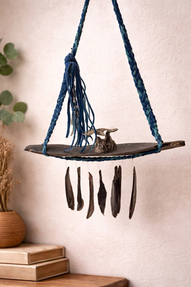 Handmade Obsidian Blue Braided Leather Strap Mental Eagle Windchime