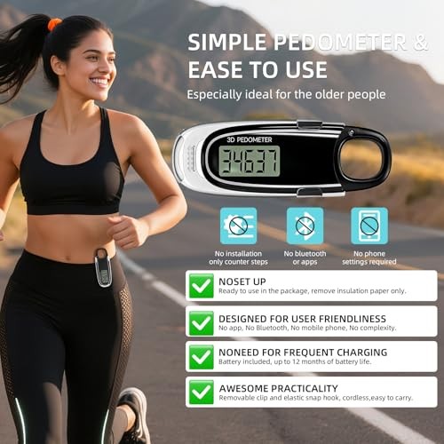 3D Pedometer, Digital Step Counter with LCD Display, Black and Silver black