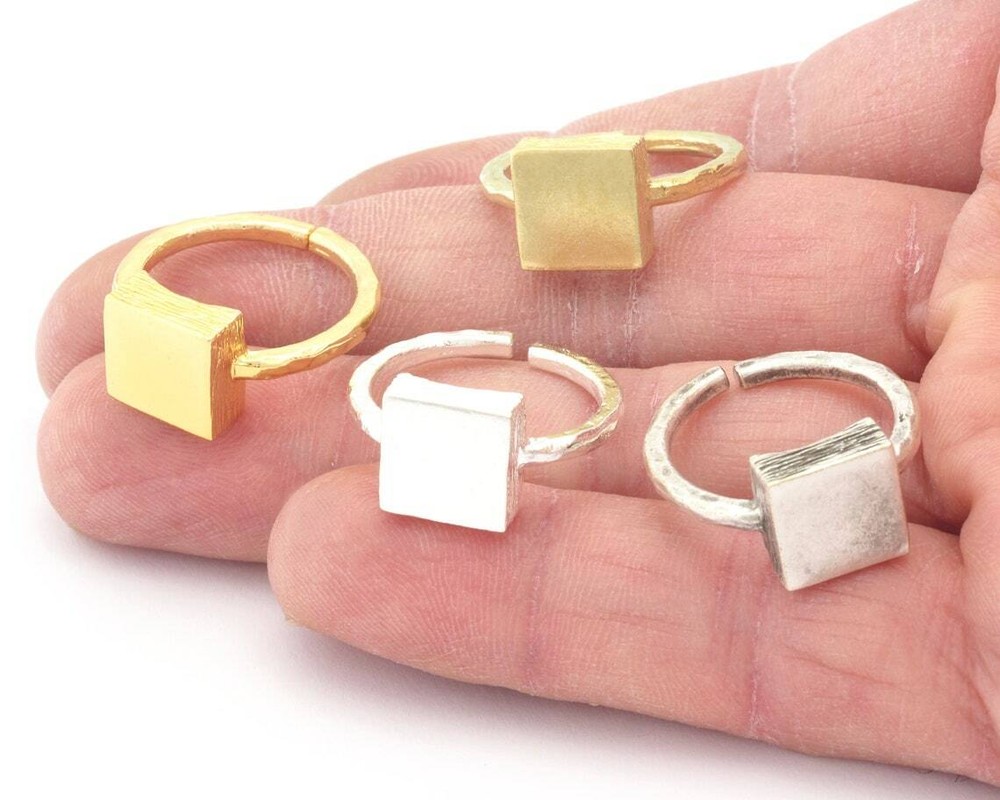 Square Brushed Edge Ring Base Adjustable Silver,Raw Brass,Shiny gold-silver 4683