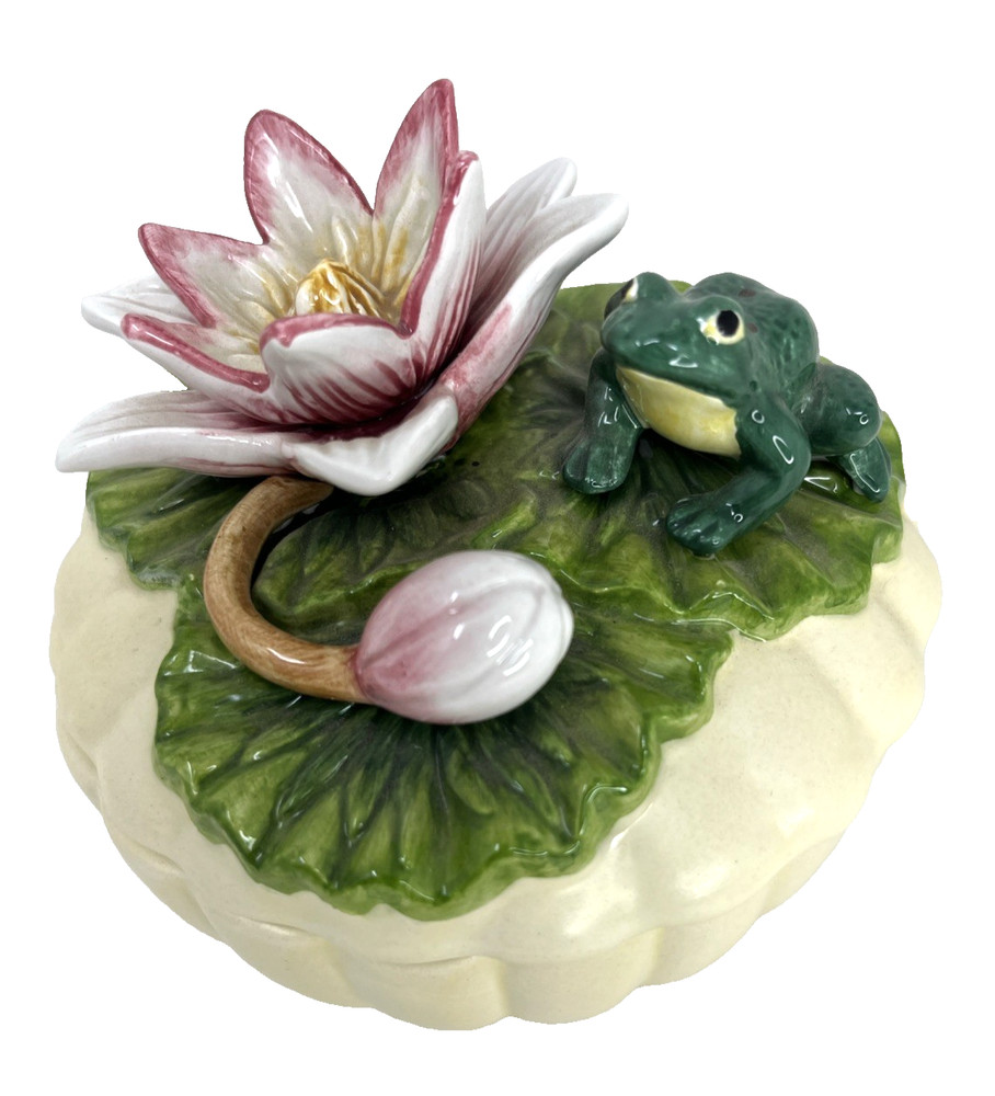 Fitz & Floyd Classics Lidded Trinket Box Ceramic Frog On Lily Pad Turtle Inside