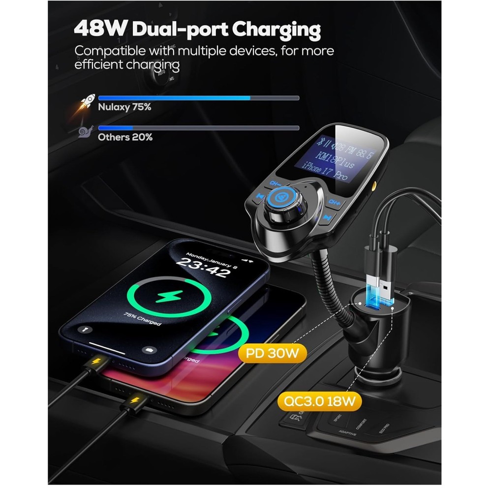 Upgraded 48W Bluetooth Car Adapter for Multi-Device Charging