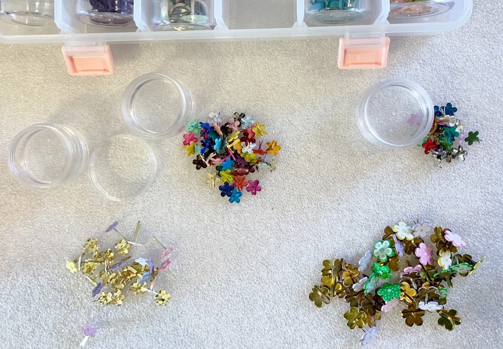 29 Diff Sets Unique Deco Brads + Storage Container w/ 30 Screw Top Containers