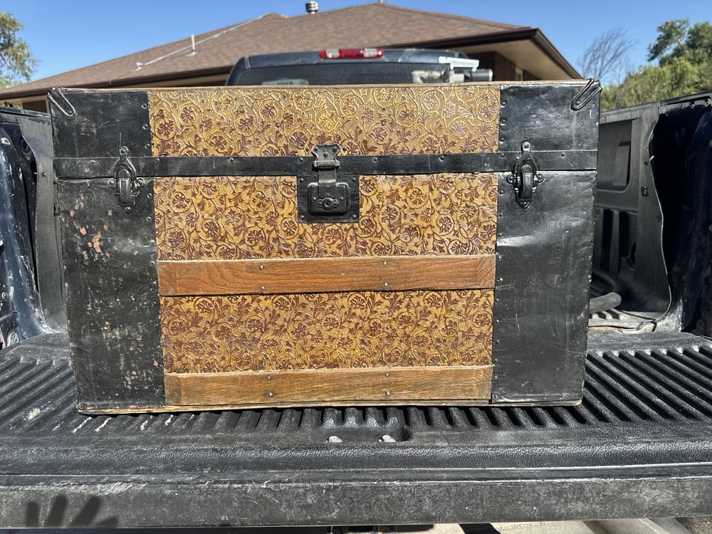 Embossed Antique Trunk Damask Pattern Wood Metal Brown Black Rectangular