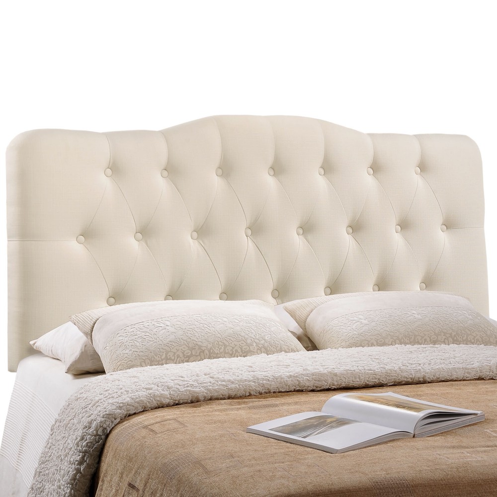Modway Button Tufted Padded Upholstered Fabric Full Size Headboard in Ivory
