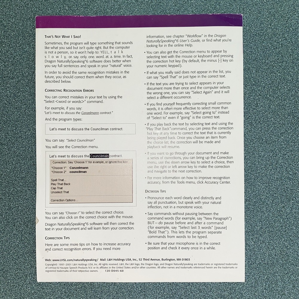 Dragon Naturally Speaking 6 User Guild Instruction Booklet Only